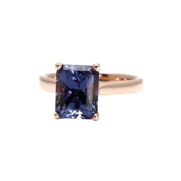 Color Change Sapphire Ring,  Emerald Cut Blue Sapphire Solitaire Engagement Ring in Rose Gold | Rare Earth Jewelry
