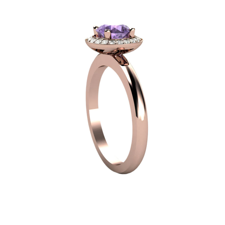 Color Change Purple Sapphire Engagement Ring, Diamond Halo, Side View | Rare Earth Jewelry