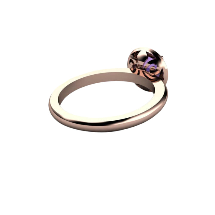Color Change Purple Sapphire Ring Diamond Halo Engagement, underside showing Fleur de Lis design gallery | Rare Earth Jewelry