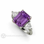 Color Change Purple Sapphire Engagement Ring Emerald Cut 3 Stone 18K White Gold - Rare Earth Jewelry