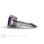 Color Change Purple Sapphire Engagement Ring Emerald Cut 3 Stone 14K White Gold - Rare Earth Jewelry