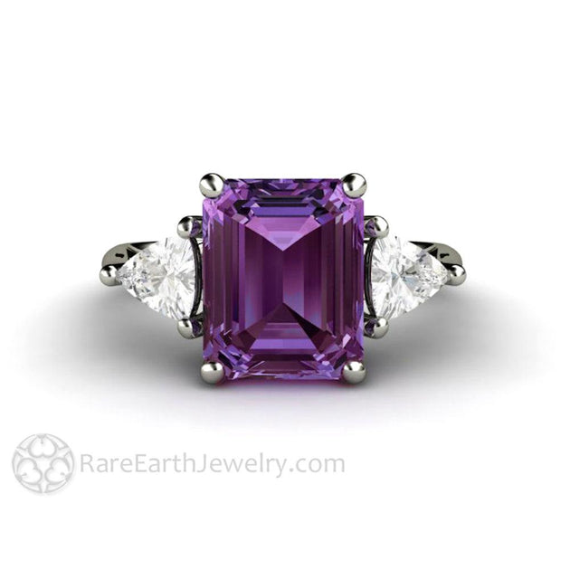 Color Change Purple Sapphire Engagement Ring Emerald Cut 3 Stone