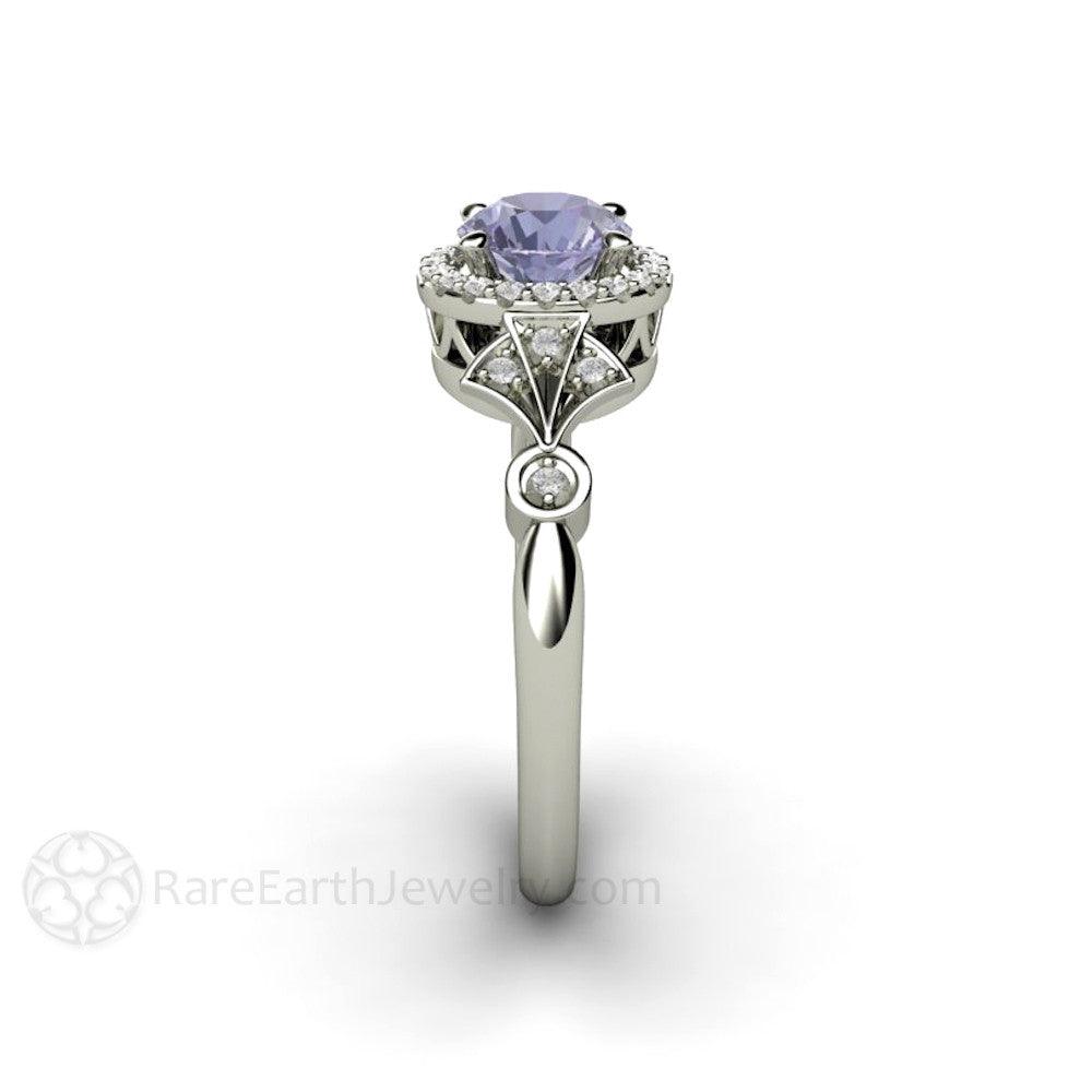 Color Change Purple Sapphire Engagement Ring | Vintage Art Deco Halo, Rare Earth Jewelry