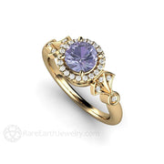 Round Cut Sapphire Diamond Halo Ring 14K Gold Rare Earth Jewelry