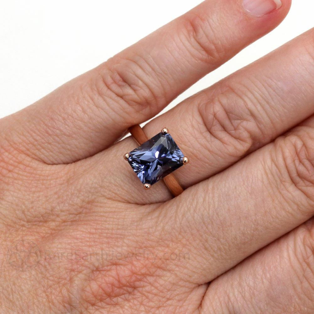 Color Change Sapphire Ring | Emerald Cut Solitaire Engagement Ring on Finger, Blue Purple Gemstone Ring | Rare Earth Jewelry