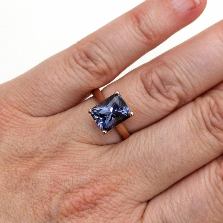 Color Change Sapphire Ring | Emerald Cut Solitaire Engagement Ring on Finger, Blue Purple Gemstone Ring | Rare Earth Jewelry