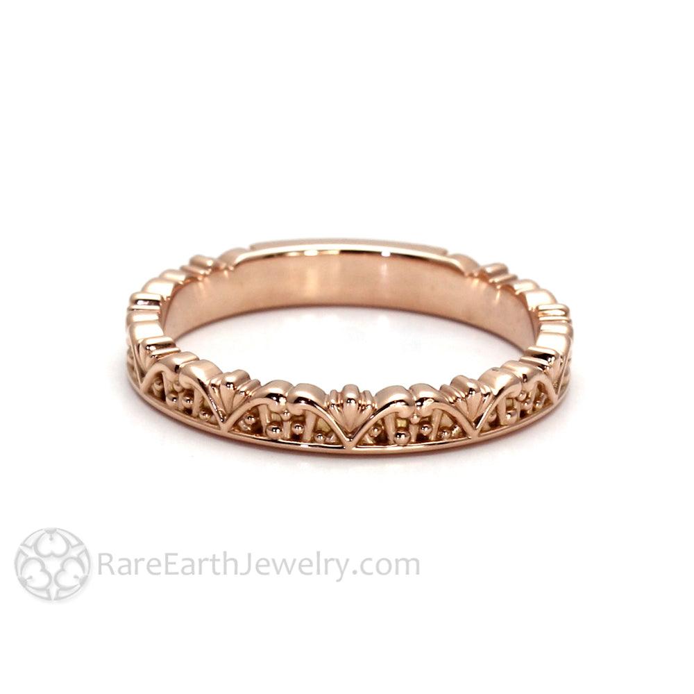 Vintage Style Band with Crown Design and Filigree in Gold or Platinum, Rare Earth Jewelry
