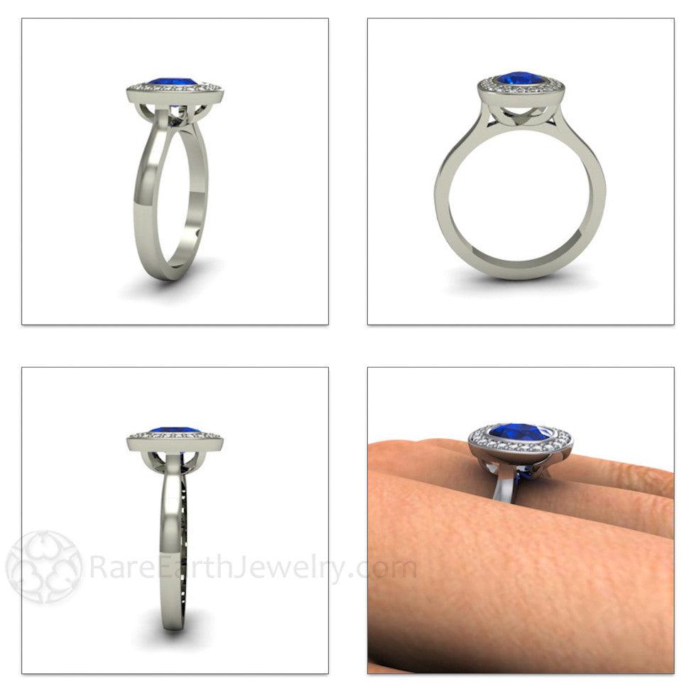 Cushion Cut Blue Sapphire Engagement Ring | Bezel Set with Diamond Halo, Rare Earth Jewelry