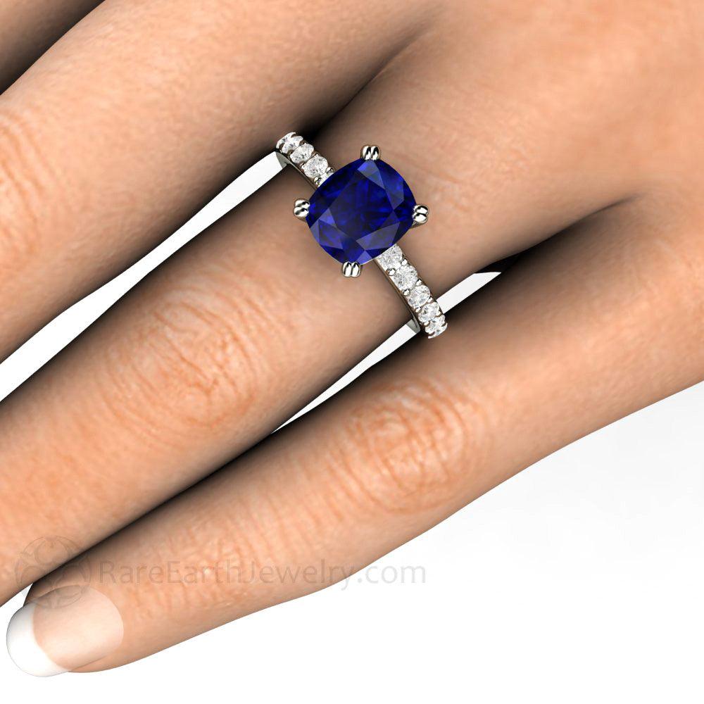 Blue Sapphire Cushion Engagement Ring Double Prong Solitaire Pave Diamonds, Rare Earth Jewelry