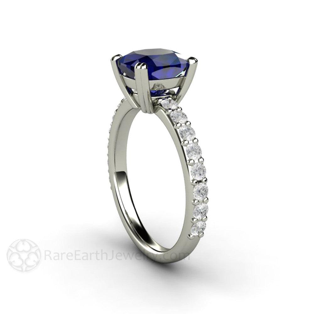Blue Sapphire Cushion Engagement Ring Double Prong Solitaire Pave Diamonds, Rare Earth Jewelry