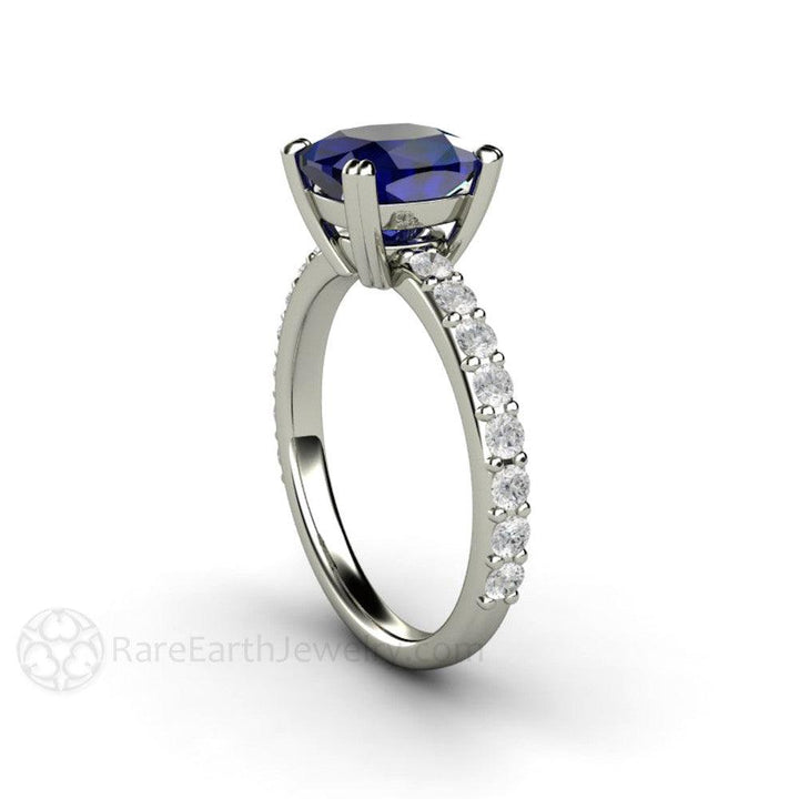 Blue Sapphire Cushion Engagement Ring Double Prong Solitaire Pave Diamonds, Rare Earth Jewelry