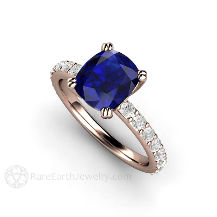 Blue Sapphire Cushion Engagement Ring Double Prong Solitaire Pave Diamonds, Rare Earth Jewelry