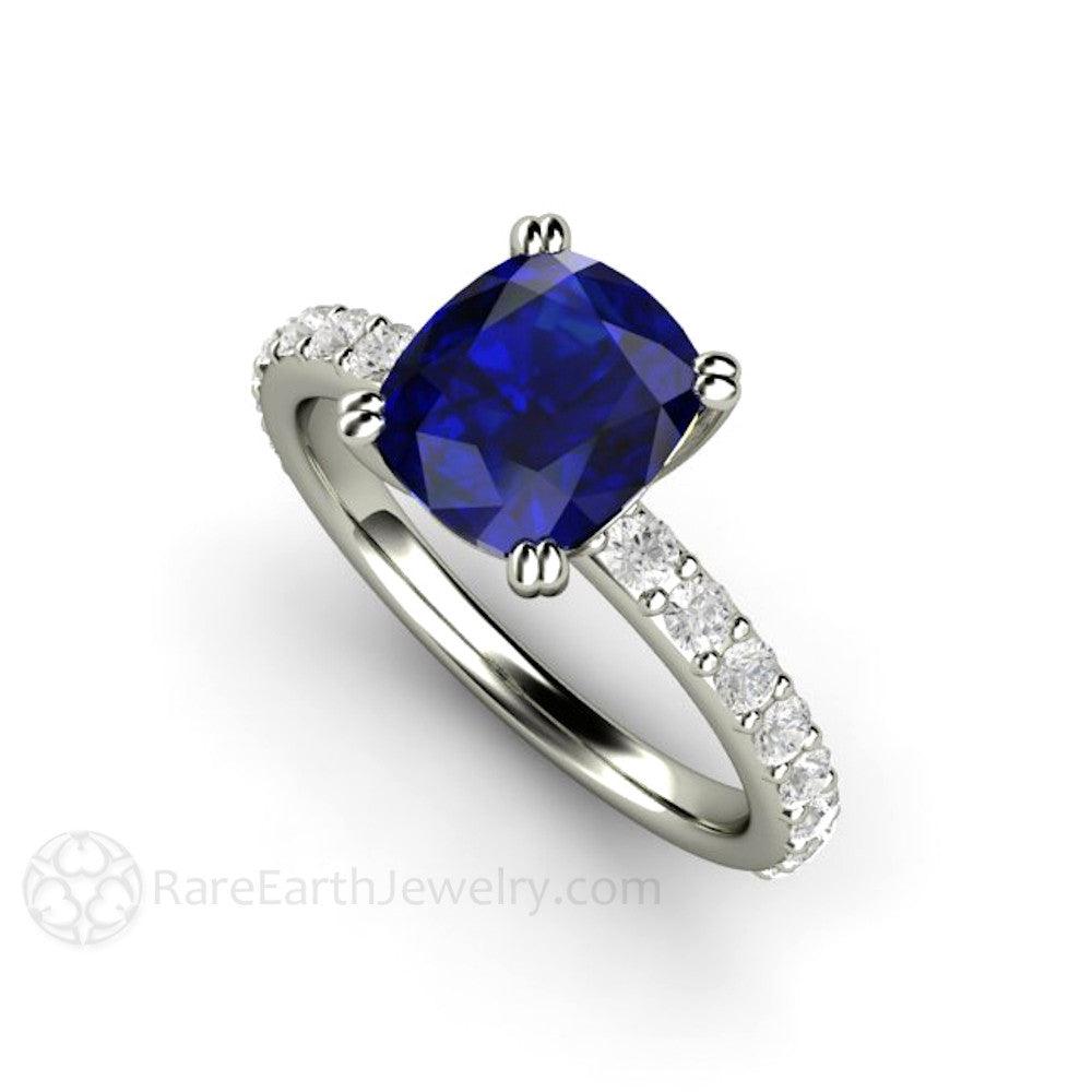 Blue Sapphire Cushion Engagement Ring Double Prong Solitaire Pave Diamonds, Rare Earth Jewelry