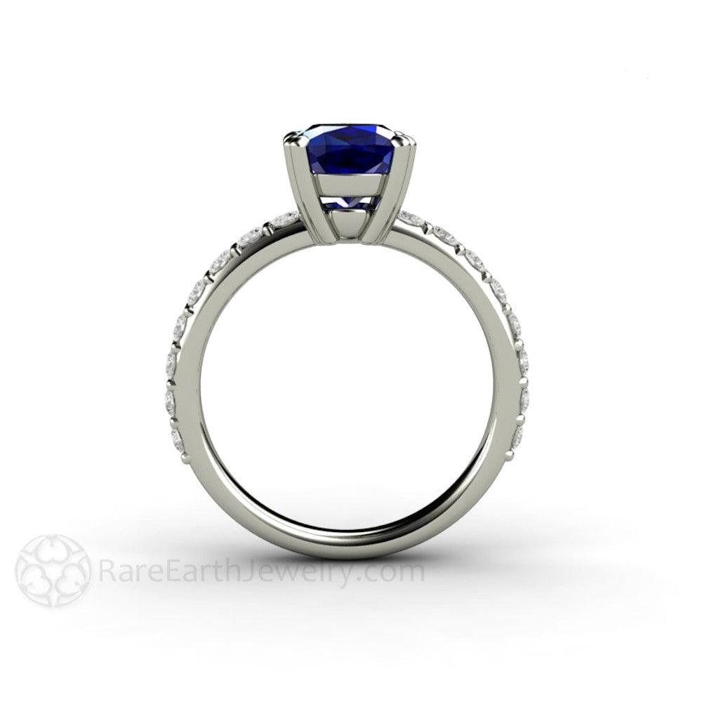 Blue Sapphire Cushion Engagement Ring Double Prong Solitaire Pave Diamonds, Rare Earth Jewelry