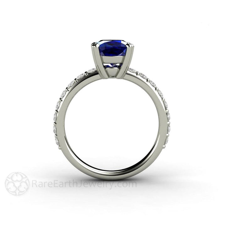 Blue Sapphire Cushion Engagement Ring Double Prong Solitaire Pave Diamonds, Rare Earth Jewelry
