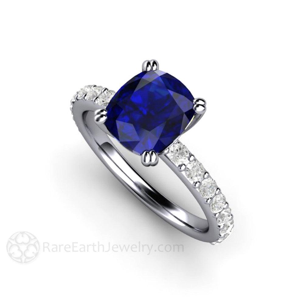 Blue Sapphire Cushion Engagement Ring Double Prong Solitaire Pave Diamonds, Rare Earth Jewelry