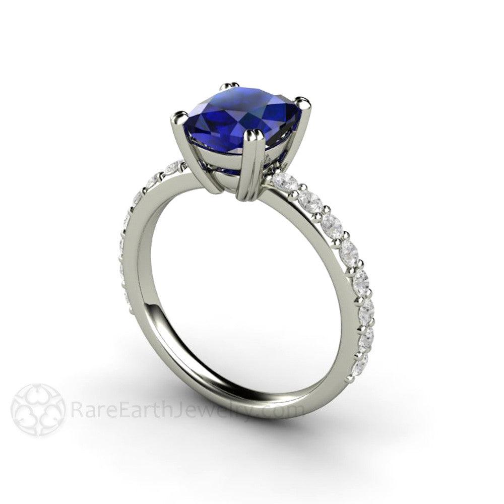 Blue Sapphire Cushion Engagement Ring Double Prong Solitaire Pave Diamonds, Rare Earth Jewelry