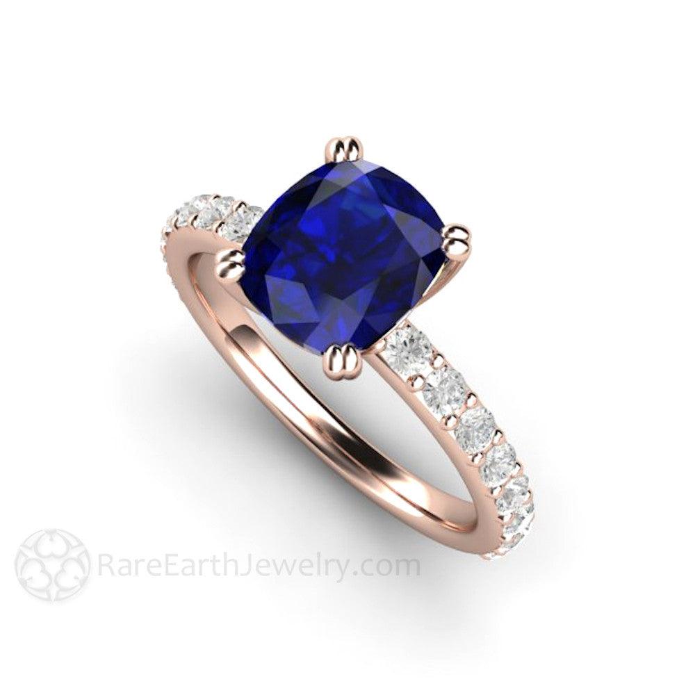 Blue Sapphire Cushion Engagement Ring Double Prong Solitaire Pave Diamonds, Rare Earth Jewelry