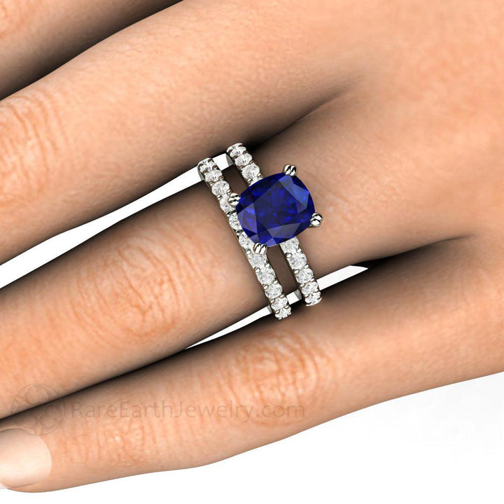 Blue Sapphire Cushion Engagement Ring Double Prong Solitaire Pave Diamonds, Rare Earth Jewelry