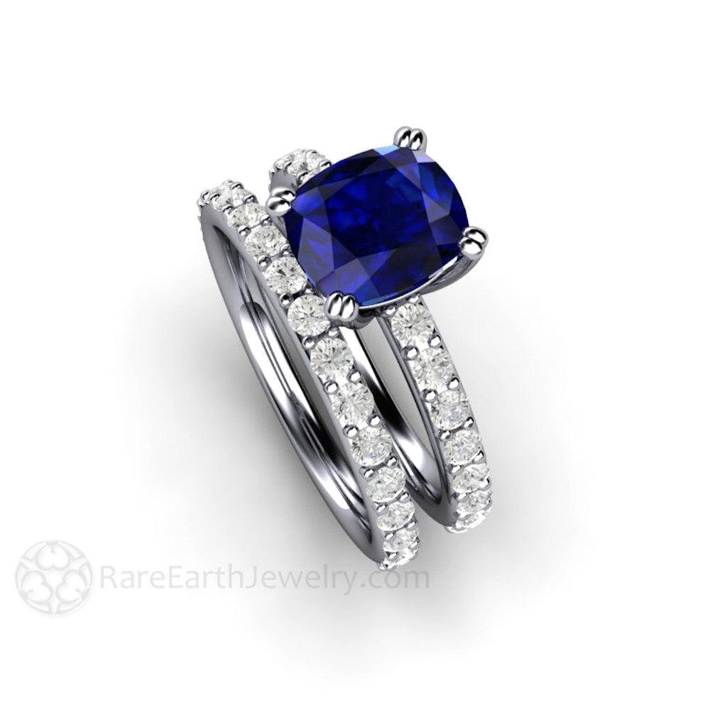 Blue Sapphire Cushion Engagement Ring Double Prong Solitaire Pave Diamonds, Rare Earth Jewelry