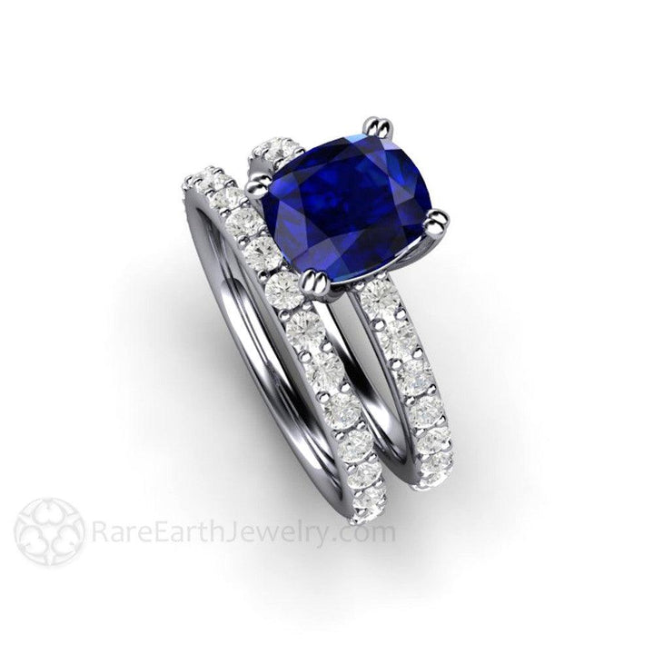 Blue Sapphire Cushion Engagement Ring Double Prong Solitaire Pave Diamonds, Rare Earth Jewelry