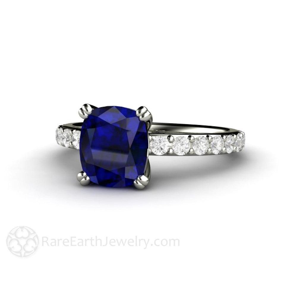 Blue Sapphire Cushion Engagement Ring Double Prong Solitaire Pave Diamonds, Rare Earth Jewelry