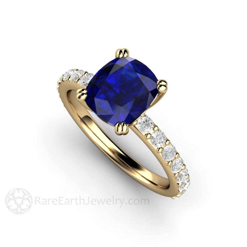 Blue Sapphire Cushion Engagement Ring Double Prong Solitaire Pave Diamonds, Rare Earth Jewelry