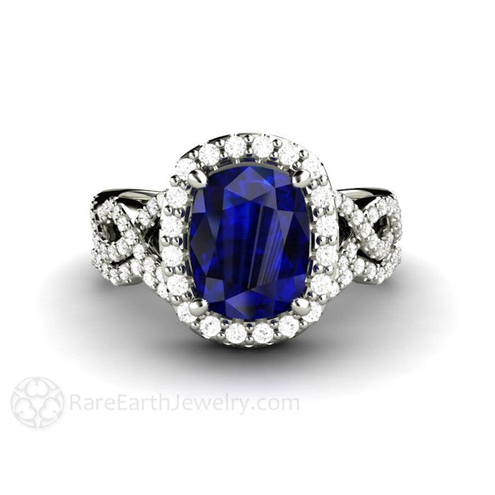 Cushion Cut Blue Sapphire Engagement Ring | Infinity Split Shank with Diamond Halo, Rare Earth Jewelry
