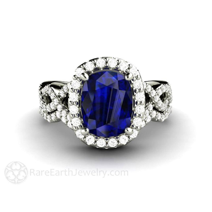 Cushion Cut Blue Sapphire Engagement Ring | Infinity Split Shank with Diamond Halo, Rare Earth Jewelry