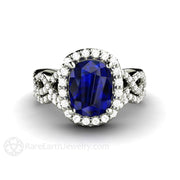 Cushion Blue Sapphire Engagement Ring Infinity Split Shank Diamond Halo 14K White Gold - Wedding Set - Rare Earth Jewelry