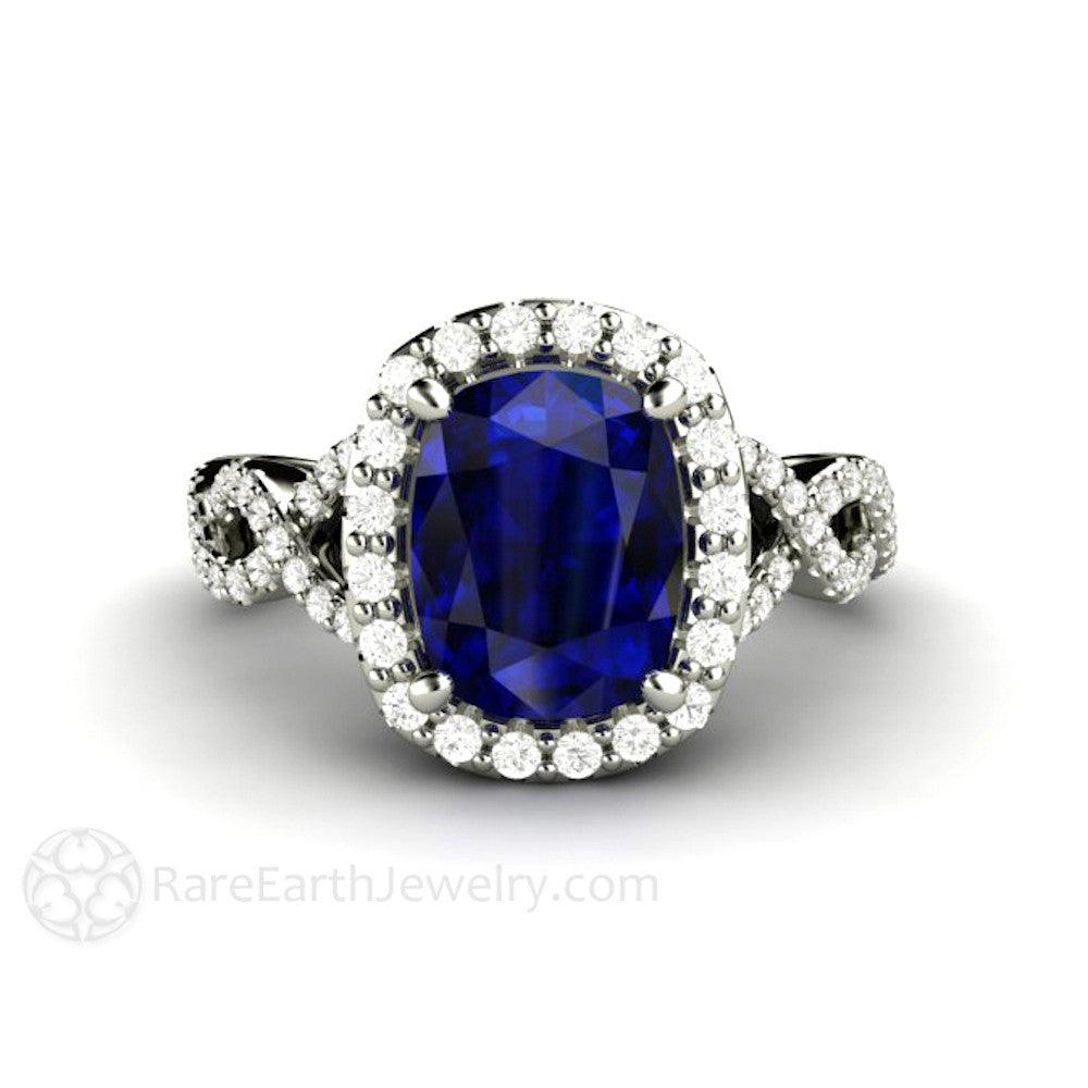 Cushion Cut Blue Sapphire Engagement Ring | Infinity Split Shank with Diamond Halo, Rare Earth Jewelry