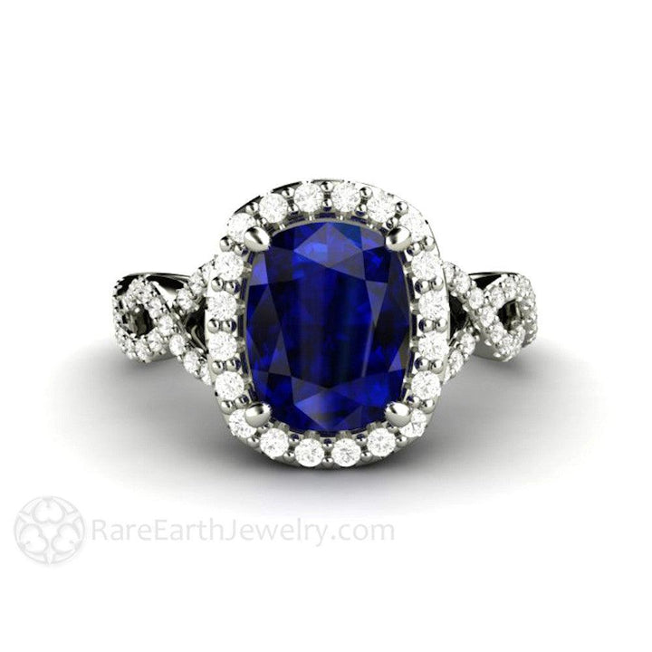 Cushion Cut Blue Sapphire Engagement Ring | Infinity Split Shank with Diamond Halo, Rare Earth Jewelry