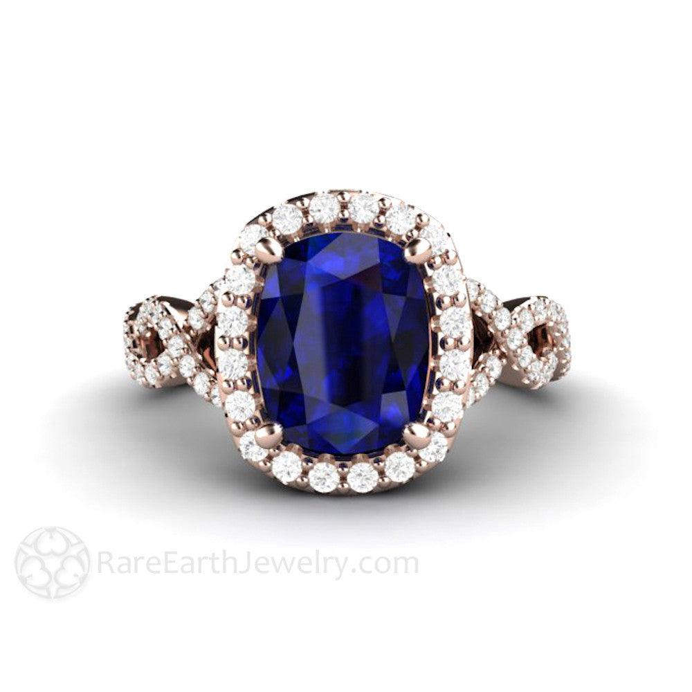 Cushion Cut Blue Sapphire Engagement Ring | Infinity Split Shank with Diamond Halo, Rare Earth Jewelry
