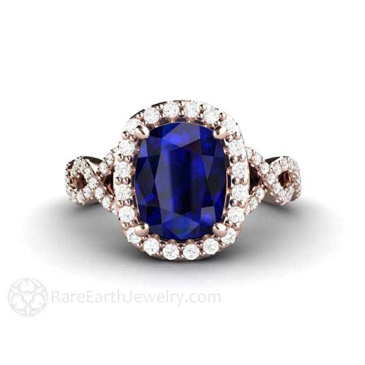 Cushion Cut Blue Sapphire Engagement Ring | Infinity Split Shank with Diamond Halo, Rare Earth Jewelry