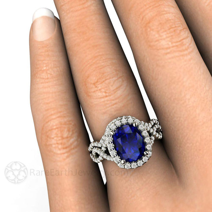 Cushion Cut Blue Sapphire Engagement Ring | Infinity Split Shank with Diamond Halo, Rare Earth Jewelry