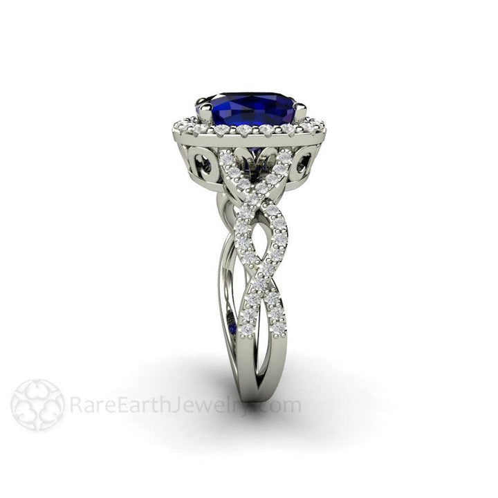 Cushion Cut Blue Sapphire Engagement Ring | Infinity Split Shank with Diamond Halo, Rare Earth Jewelry