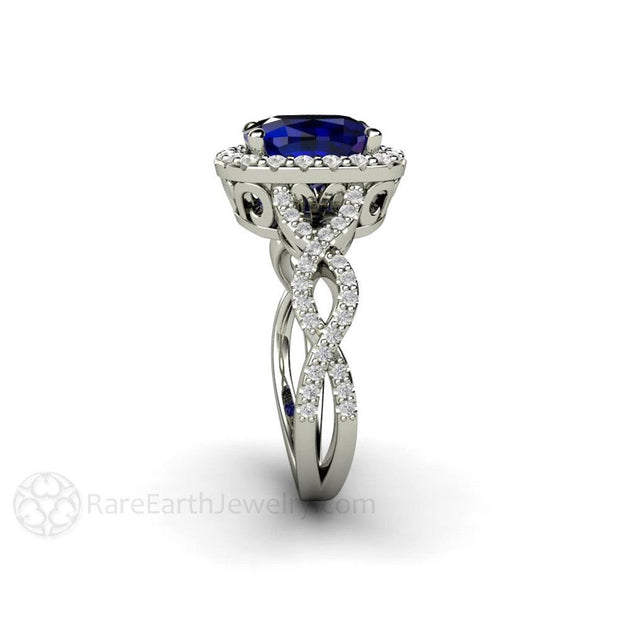 Cushion Blue Sapphire Engagement Ring Infinity Split Shank Diamond Halo 18K White Gold - Engagement Only - Rare Earth Jewelry
