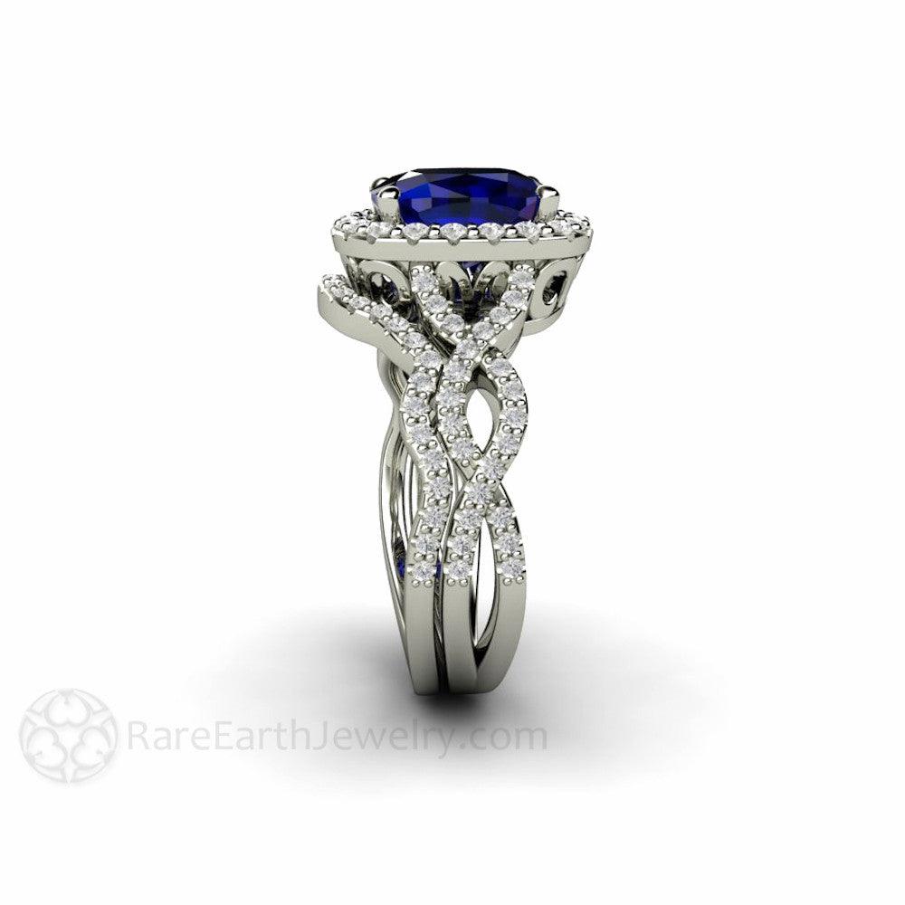 Cushion Cut Blue Sapphire Engagement Ring | Infinity Split Shank with Diamond Halo, Rare Earth Jewelry