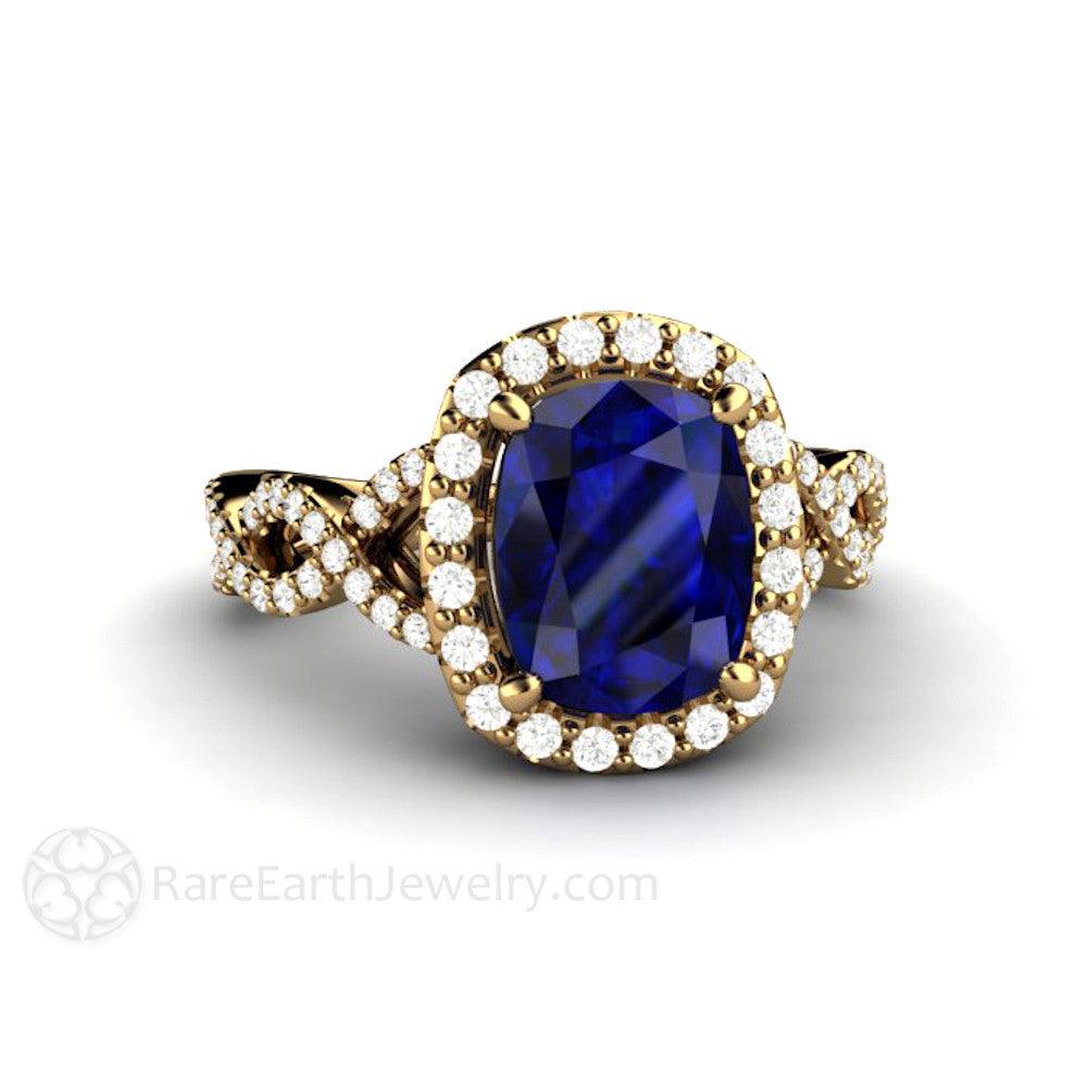 Cushion Cut Blue Sapphire Engagement Ring | Infinity Split Shank with Diamond Halo, Rare Earth Jewelry