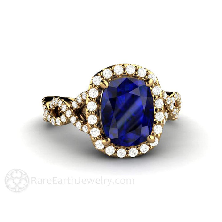Cushion Cut Blue Sapphire Engagement Ring | Infinity Split Shank with Diamond Halo, Rare Earth Jewelry