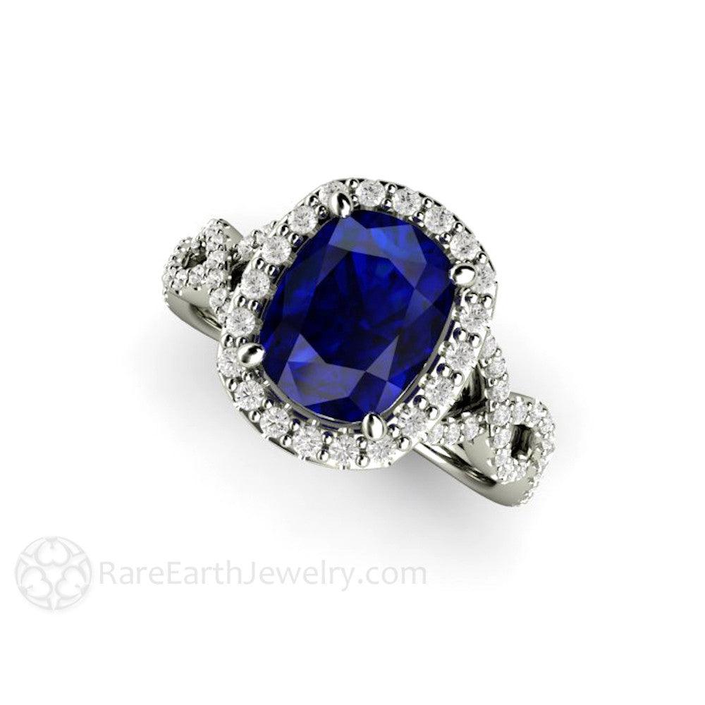 Cushion Cut Blue Sapphire Engagement Ring | Infinity Split Shank with Diamond Halo, Rare Earth Jewelry