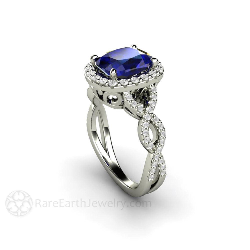 Cushion Cut Blue Sapphire Engagement Ring | Infinity Split Shank with Diamond Halo, Rare Earth Jewelry