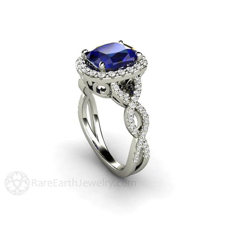 Cushion Cut Blue Sapphire Engagement Ring | Infinity Split Shank with Diamond Halo, Rare Earth Jewelry