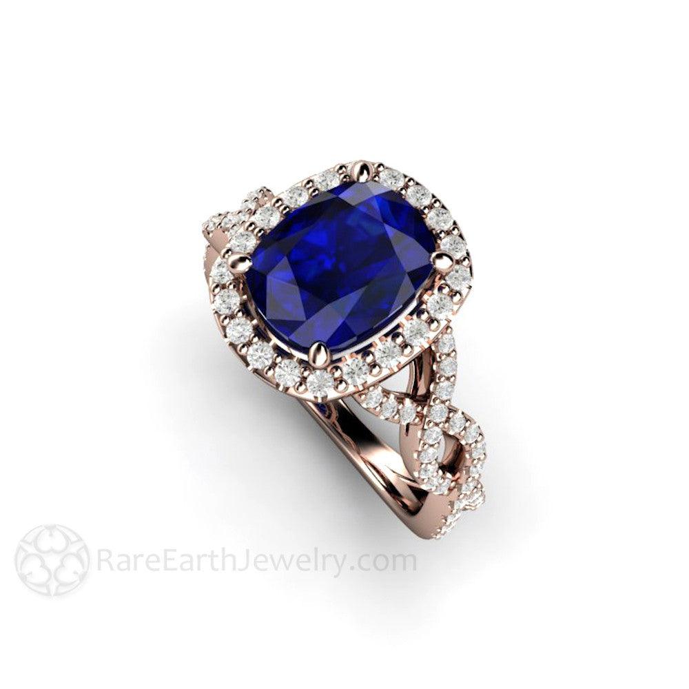 Cushion Cut Blue Sapphire Engagement Ring | Infinity Split Shank with Diamond Halo, Rare Earth Jewelry