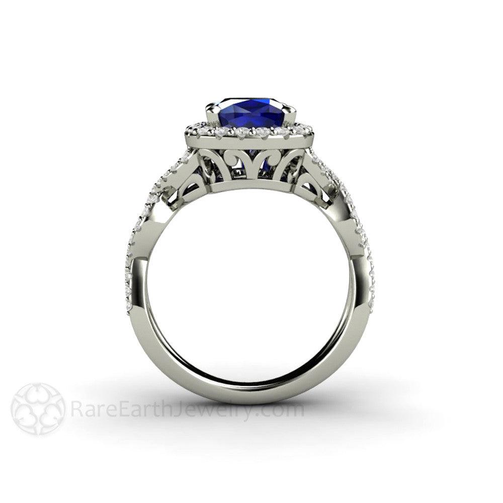 Cushion Cut Blue Sapphire Engagement Ring | Infinity Split Shank with Diamond Halo, Rare Earth Jewelry