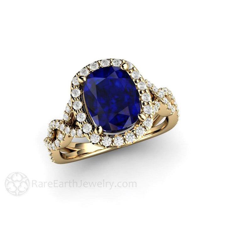Cushion Cut Blue Sapphire Engagement Ring | Infinity Split Shank with Diamond Halo, Rare Earth Jewelry