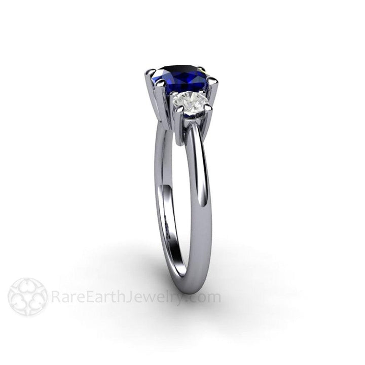 Cushion Cut Blue Sapphire Engagement Ring | 3 Stone Ring with Lab Diamond Accents, Rare Earth Jewelry