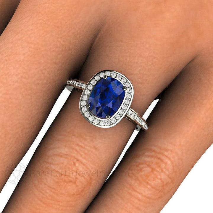 Blue Sapphire Engagement Ring Cushion Cut Diamond Halo, Rare Earth Jewelry