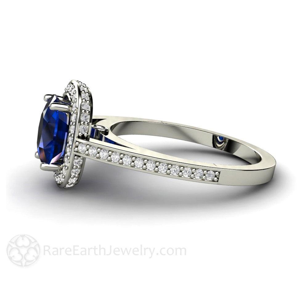 Blue Sapphire Engagement Ring Cushion Cut Diamond Halo, Rare Earth Jewelry