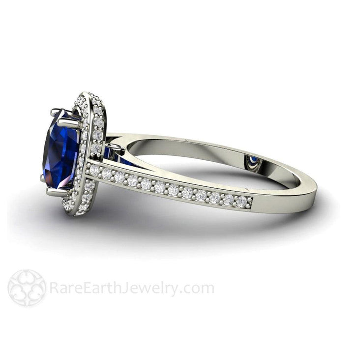 Blue Sapphire Engagement Ring Cushion Cut Diamond Halo, Rare Earth Jewelry